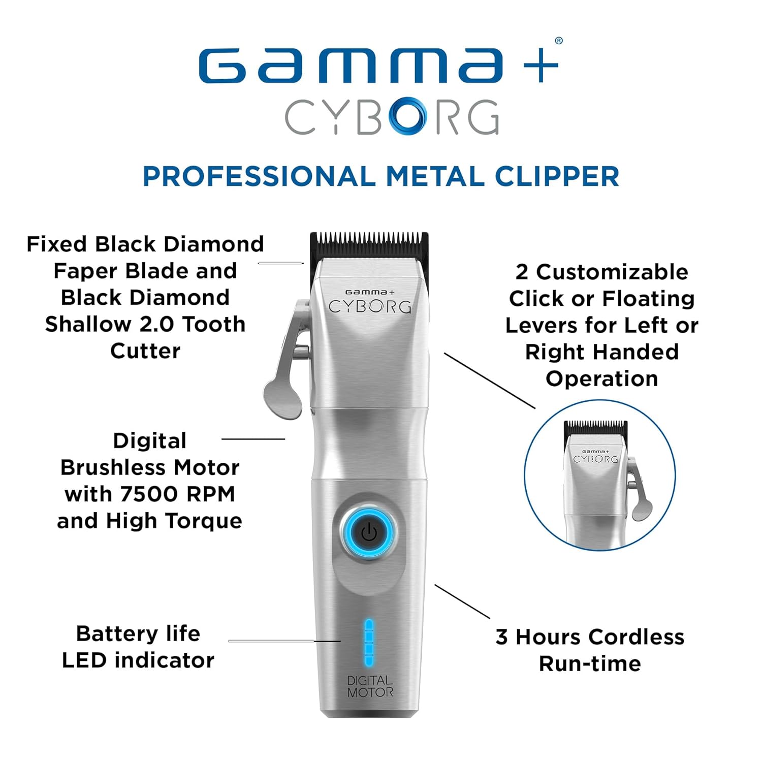 GAMMA+ Cyborg Professional Metal Cordless Ergonomic Hair Clipper Trimmer with Digital Brushless Motor