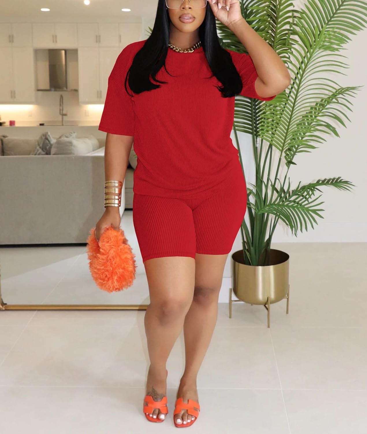 HTD 2 Piece Sets For Women Short Sleeve Sweatsuits Biker Shorts Set Lounge Jogger Tracksuit Outfits Red XL - Image 2