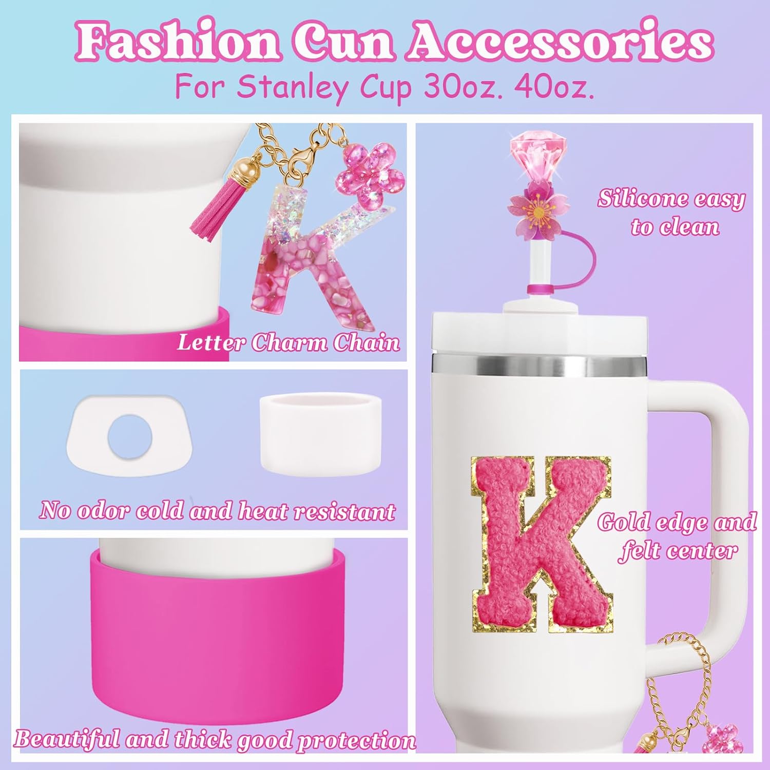 7PCS Stanley Cup Accessories Set for Stanley Cup 30oz 40oz Tumbler with Handle,Including Straw Topper Cover Cap and Boot,Spill Proof Stopper,Handle Charm,Initials Sticker (Rose pink K) - Image 3