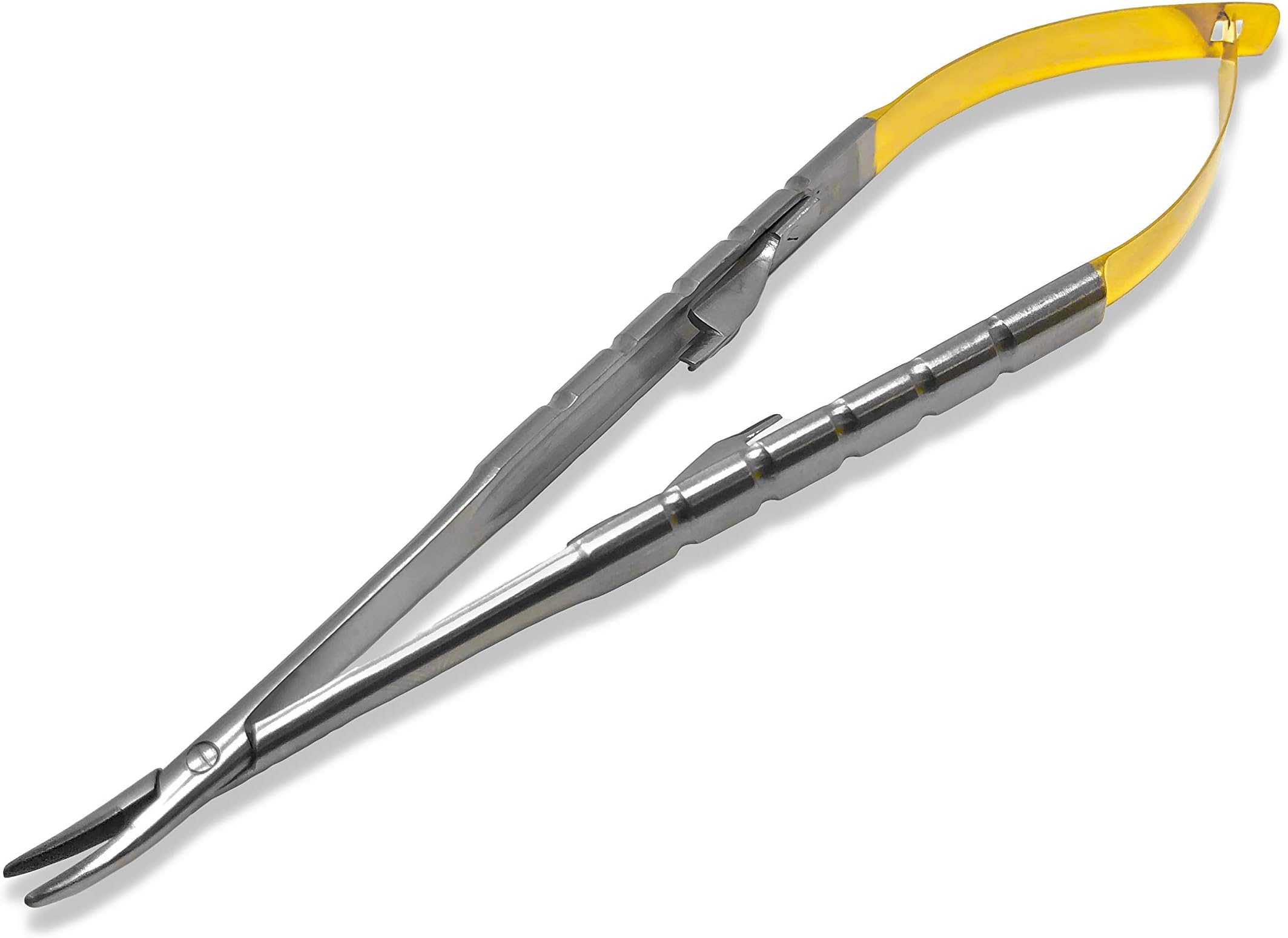 Cynamed TC Castroviejo Micro Needle/Suture Holder Driver with Tungsten Carbide Inserts and Gold Ends - Premium Grade Instrument (5.5 in. Curved Jaws)