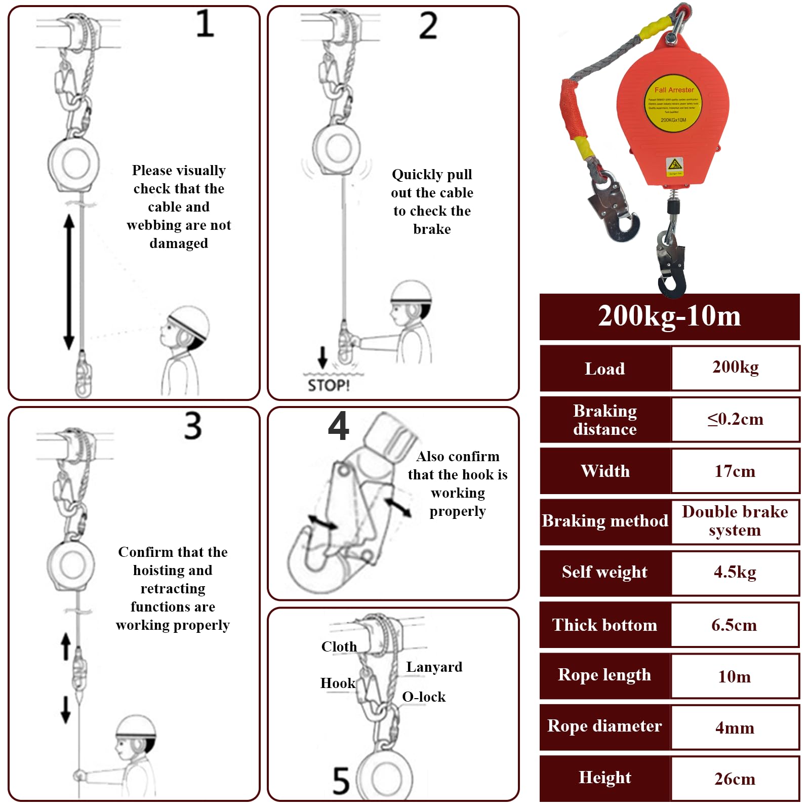 Dispositivo Anticaduta Retrattile Certificato, 200 KG Dispositivo Anticaduta Tetto con Doppia Serratura, 10m Rosso Kit Imbracatura Anticaduta Tetto e Lavoro Aereo(Rosso - 2 Pezzi,10m)