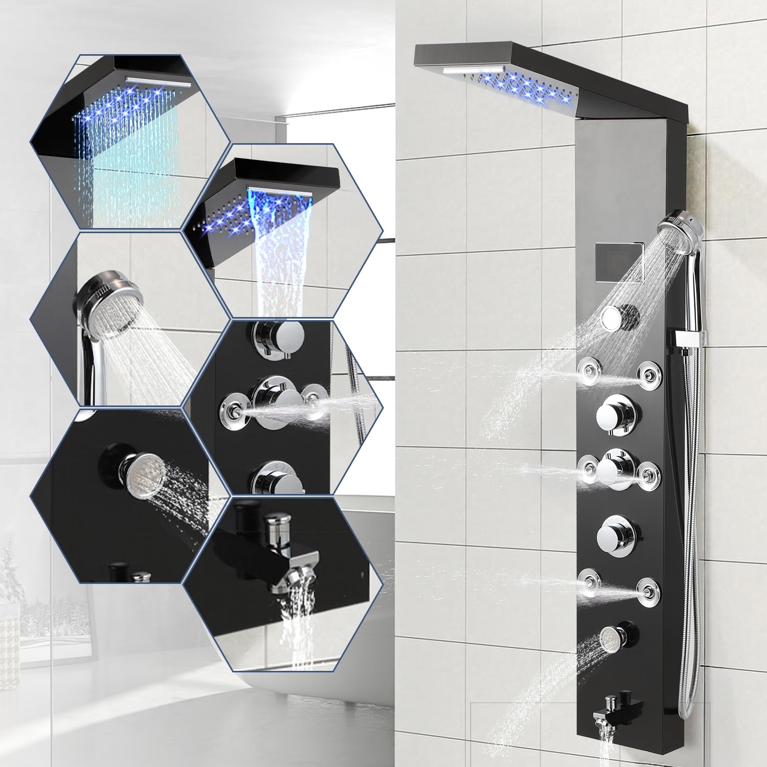 Panel de ducha de acero inoxidable con 6 funciones, indicador de temperatura LED, lluvia y cascada, ducha de mano y chorros de masaje