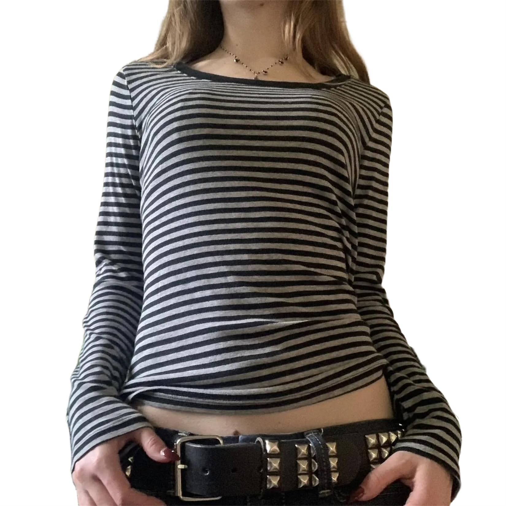 Women Y2k Long Sleeve Striped Tee Vintage Aesthetic Crewneck Slim Fitted T Shirt Casual Fall Going Out Top Streetwear