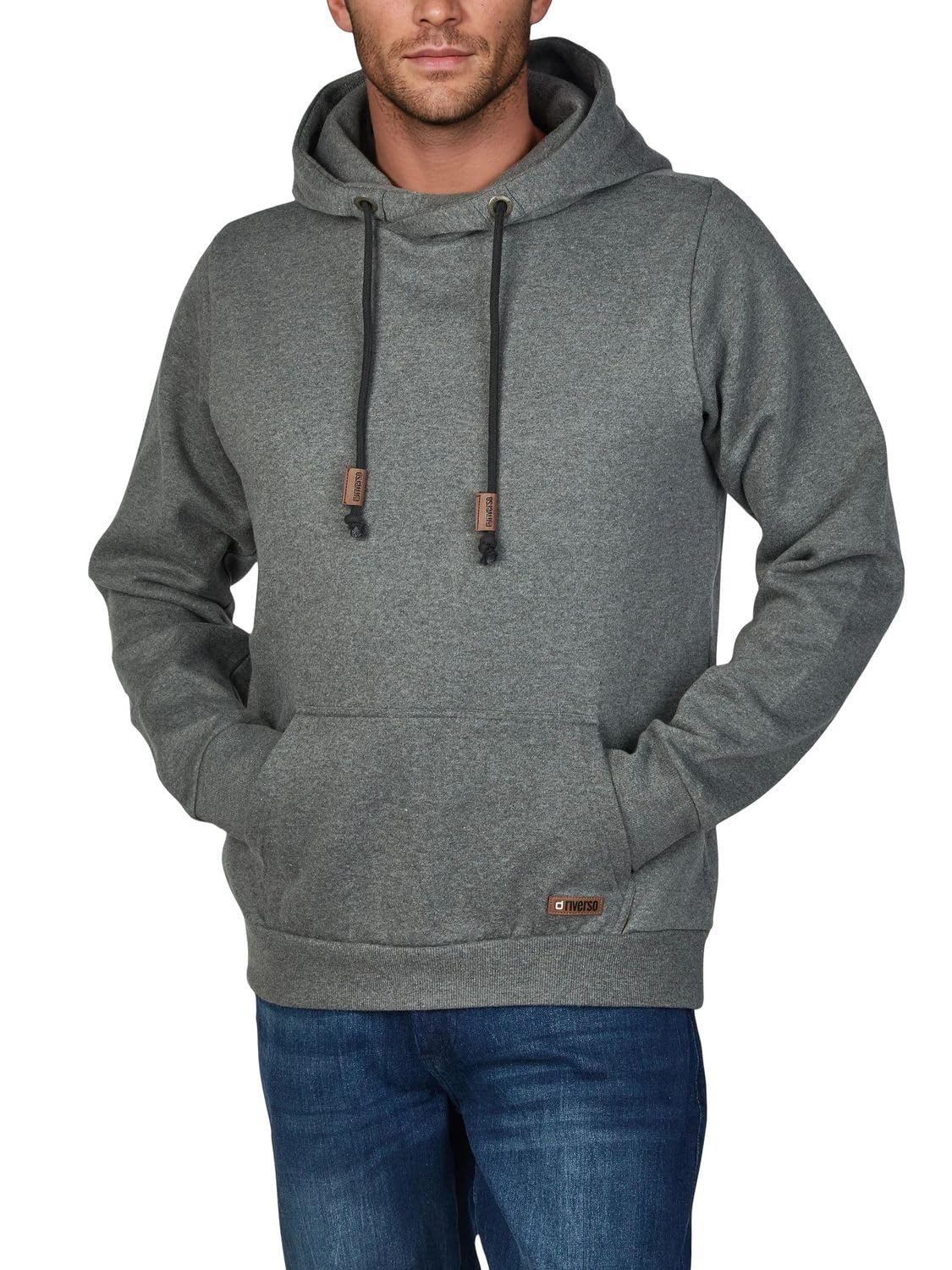 riverso Julian Men's Hooded Pullover Hoodie Sweatshirt with Hood and Kangaroo Pocket, Cross-Over Collar, Regular, Cotton - Grey - XXX-Large