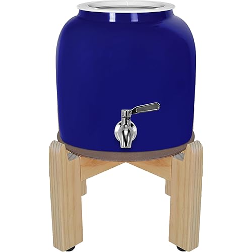 Geo Sports Porcelain Ceramic Crock Water Dispenser, 8 Inch Wood Stand, Stainless Steel Faucet, Valve Included. Fits 3 to 5 Gallon Jugs. (Blue)