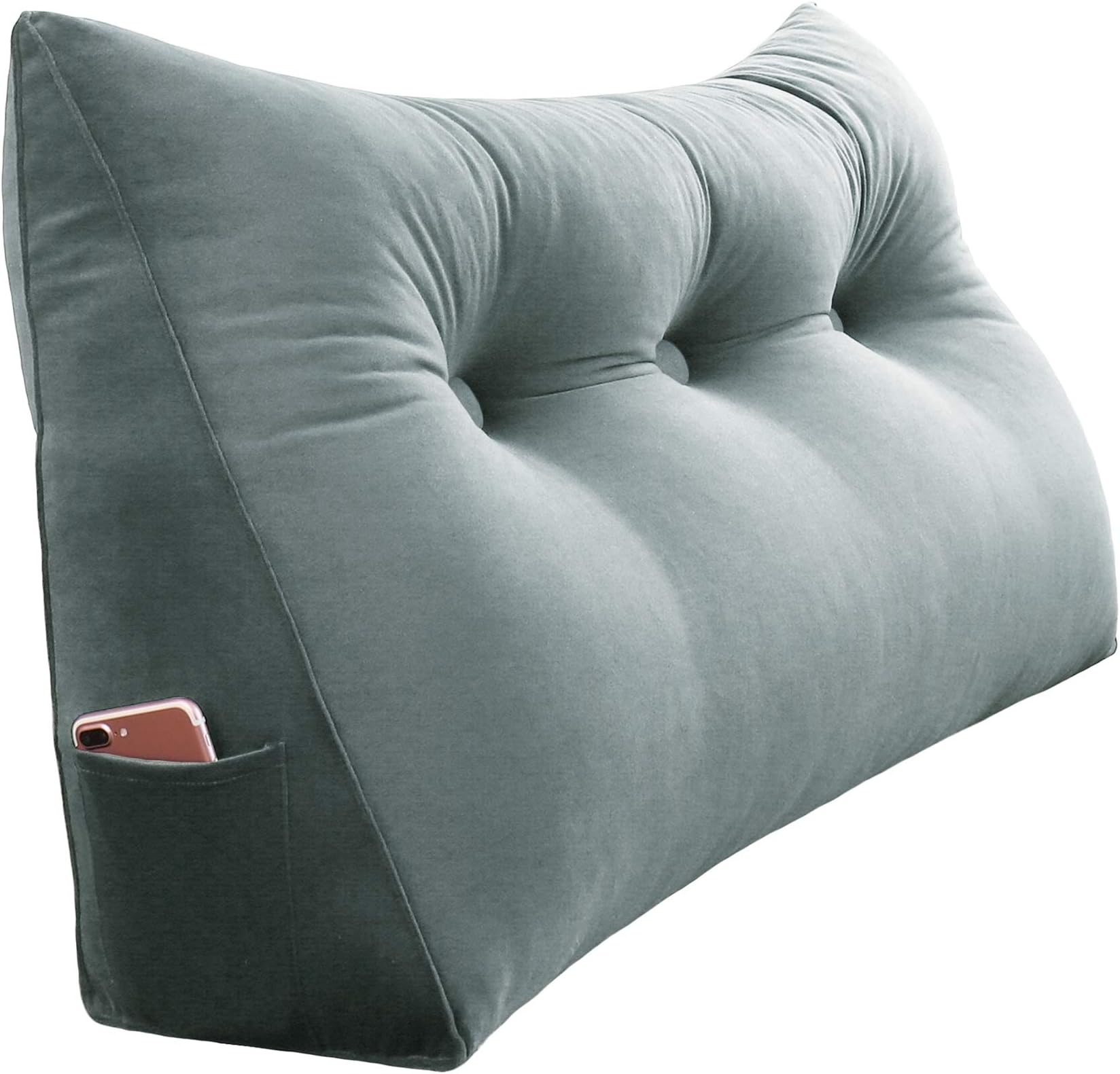 VERCART Triangular Headboard Reading Pillow Large Bolster Back Support for Sitting Up in Bed Rest Wedge Pillow for Day Bed Bunk Bed with Removable Cover Velvet Light Gray 39x8x20 Inches