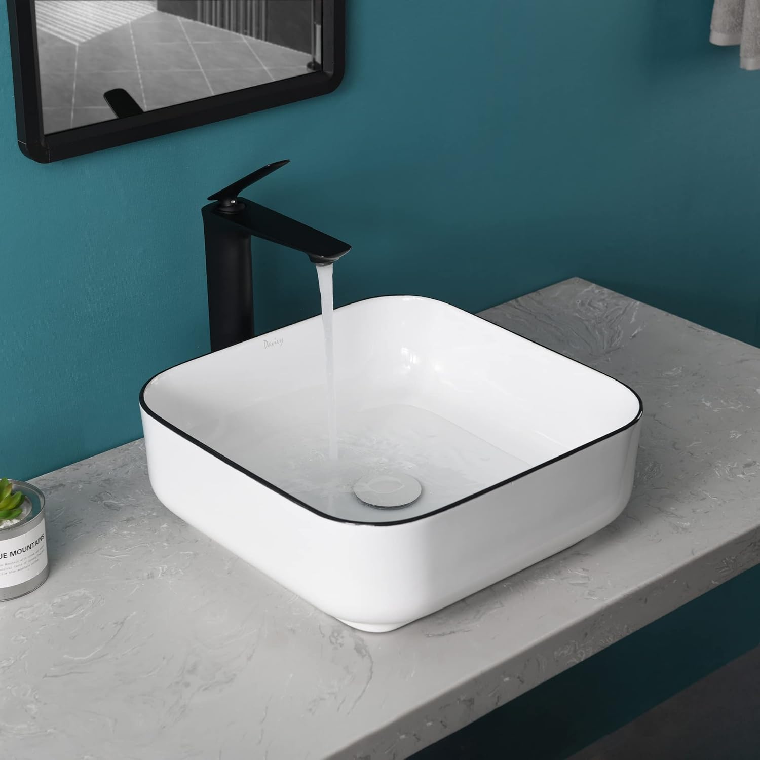 Davivy 15'' Square Vessel Sink with Pop Up Drain,Bathroom Vessel Sinks,White Vessel Sink with Black Trim,Bathroom Sinks Above Counter,Counter top Sink,Square Sink Bowls for Bathroom