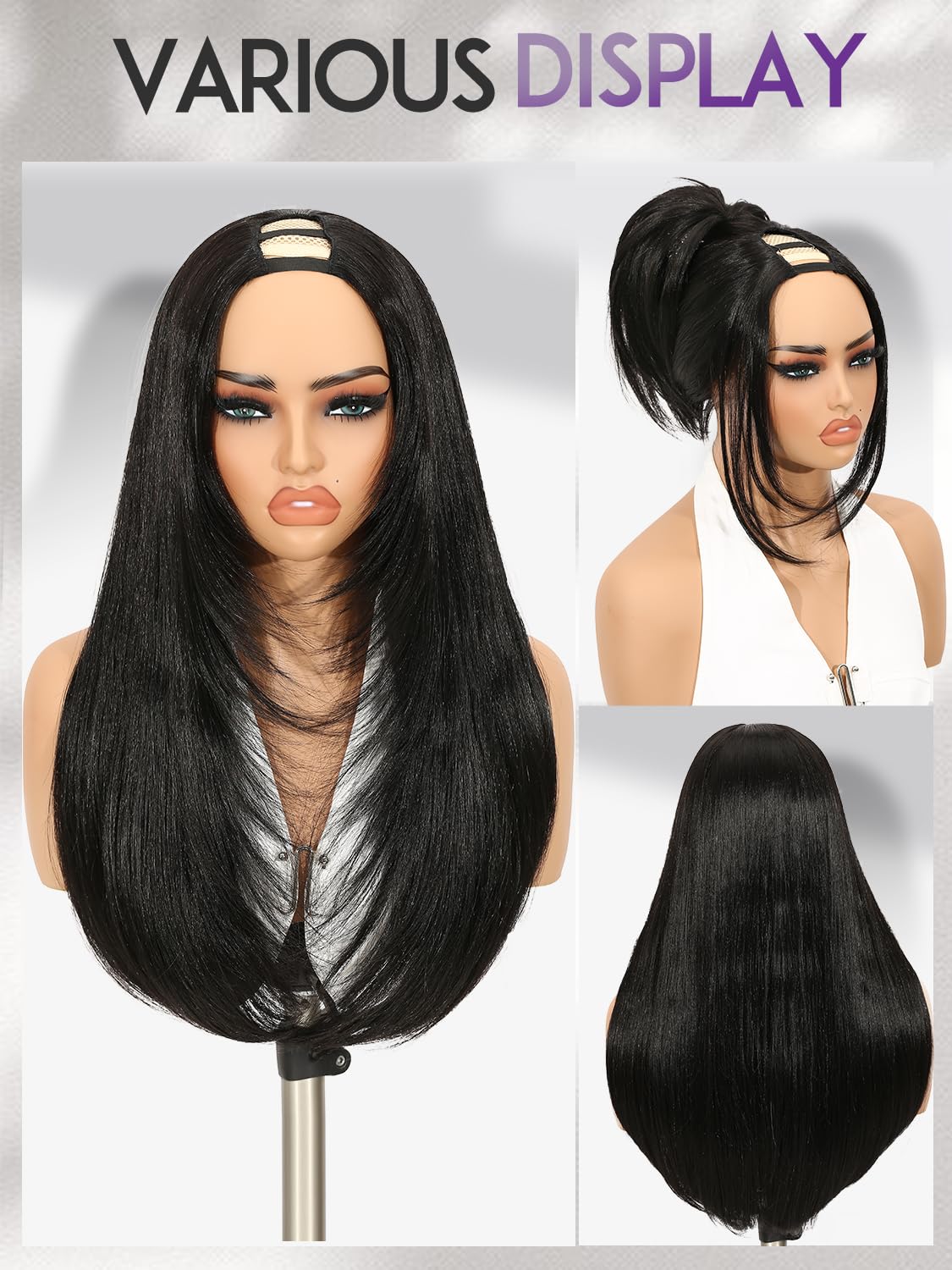 Quantum Love Yaki Straight Layered U Part Wigs V Part Glueless Clip in Half Wigs for Women Realistic Natural Looking Heat Resistant Synthetic Hair(24inch,Natural Black)