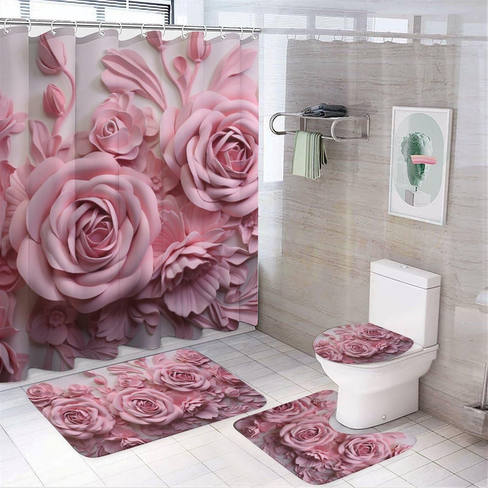 Dunmat Pink Rose Flower Shower Curtain Bathroom Set 4 Piece, Waterproof Polyester with Non-Slip Rug, Toilet Cover & Bath Mat, Romantic Floral Design,