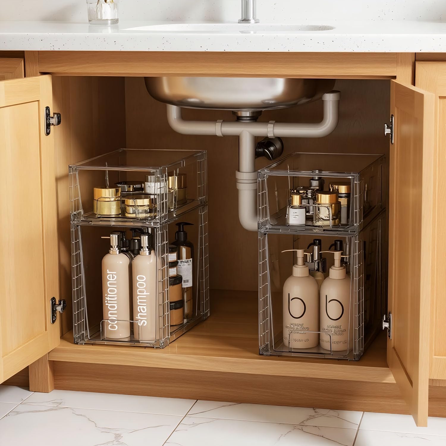 High Clear Stackable Storage Drawers(4 Pack), High-strength Plastic Organizer Bins with Handles for Skincare Bathroom Cabinet Vanity Undersink Kitchen Pantry BPA-Free Storage Containers