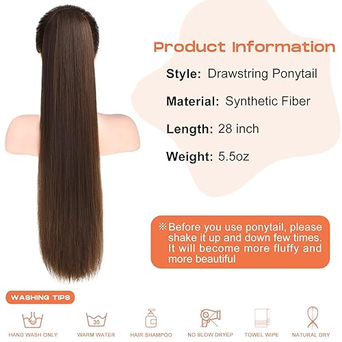 Miniatura 7 de SEIKEA Extensiones de cola de caballo de 28 pulgadas, con cordón, larga y recta, cola de caballo falsa, extensiones de cabello sintético suave y