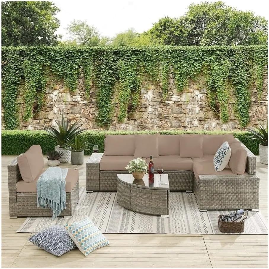 Outdoor Furniture Set, Outdoor Furniture,Patio Conversation Sets, 6 Pieces Outdoor Patio Furniture Set with Cushions and Coffee Table, Wicker Rattan Sectional Sofa Set (Grey Base) - Brown/Grey