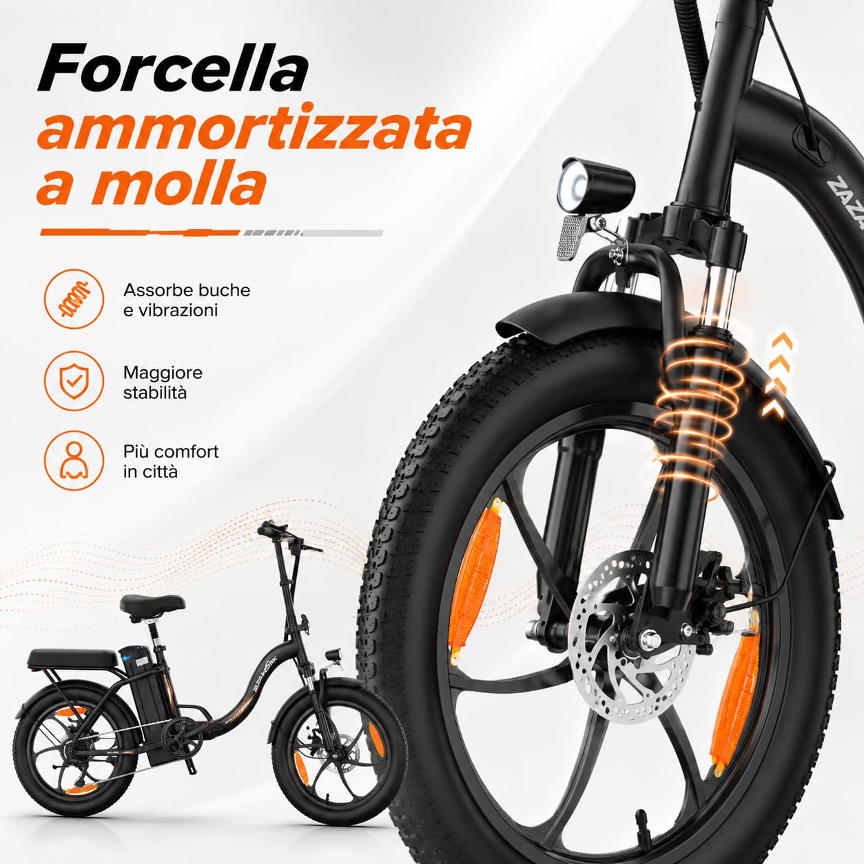 Bicicletta Elettrica Pieghevole 20x3.0, Motore 250W Coppia 47NM, Batteria 48V 16Ah, Velocità Max 25km/h, Autonomia 50-100KM, 7 Marce, Ammortizzatore a Molla e Freni a Disco Meccanici Urbana