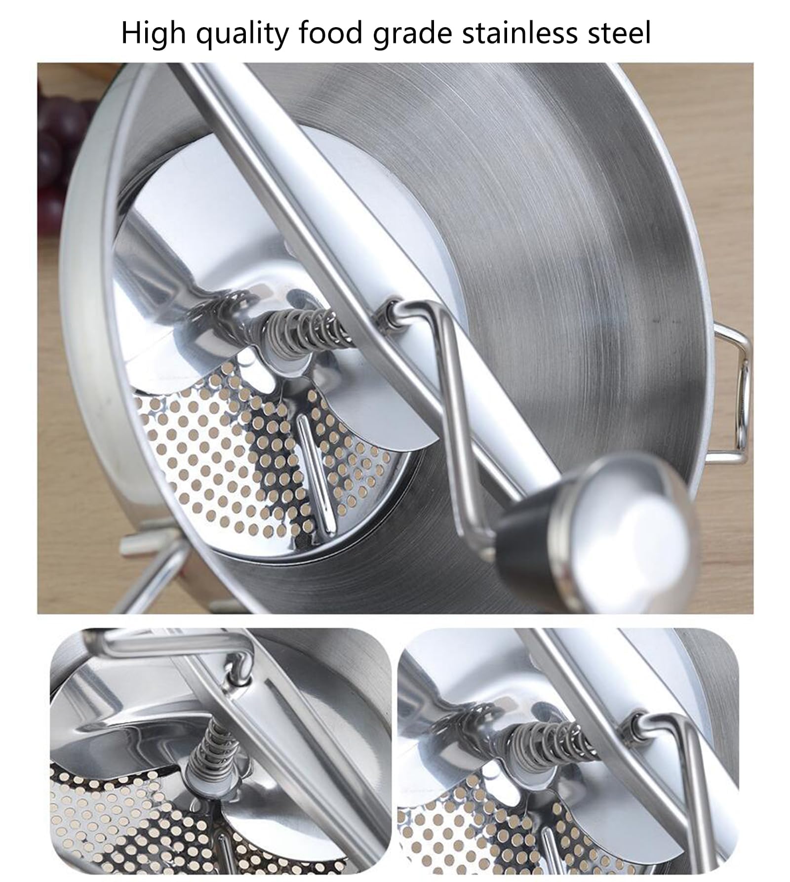 QUTBAG Lebensmittelmühle aus Edelstahl, manueller Marmeladenstampfer mit 3 Mahlscheiben, Kartoffelstampfer mit Anti-Rutsch-Griff, für Tomatensauce, Apfelmus, Püree, Kartoffelpüree