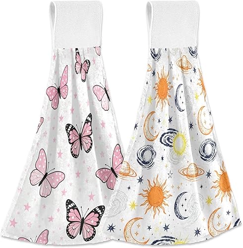 Kitchen Towel with Loops for Hanging Bathroom Hanging Towel Pink Butterflies and Stars Retro Sun and Moon Orange White Set of Two toalla para cocina
