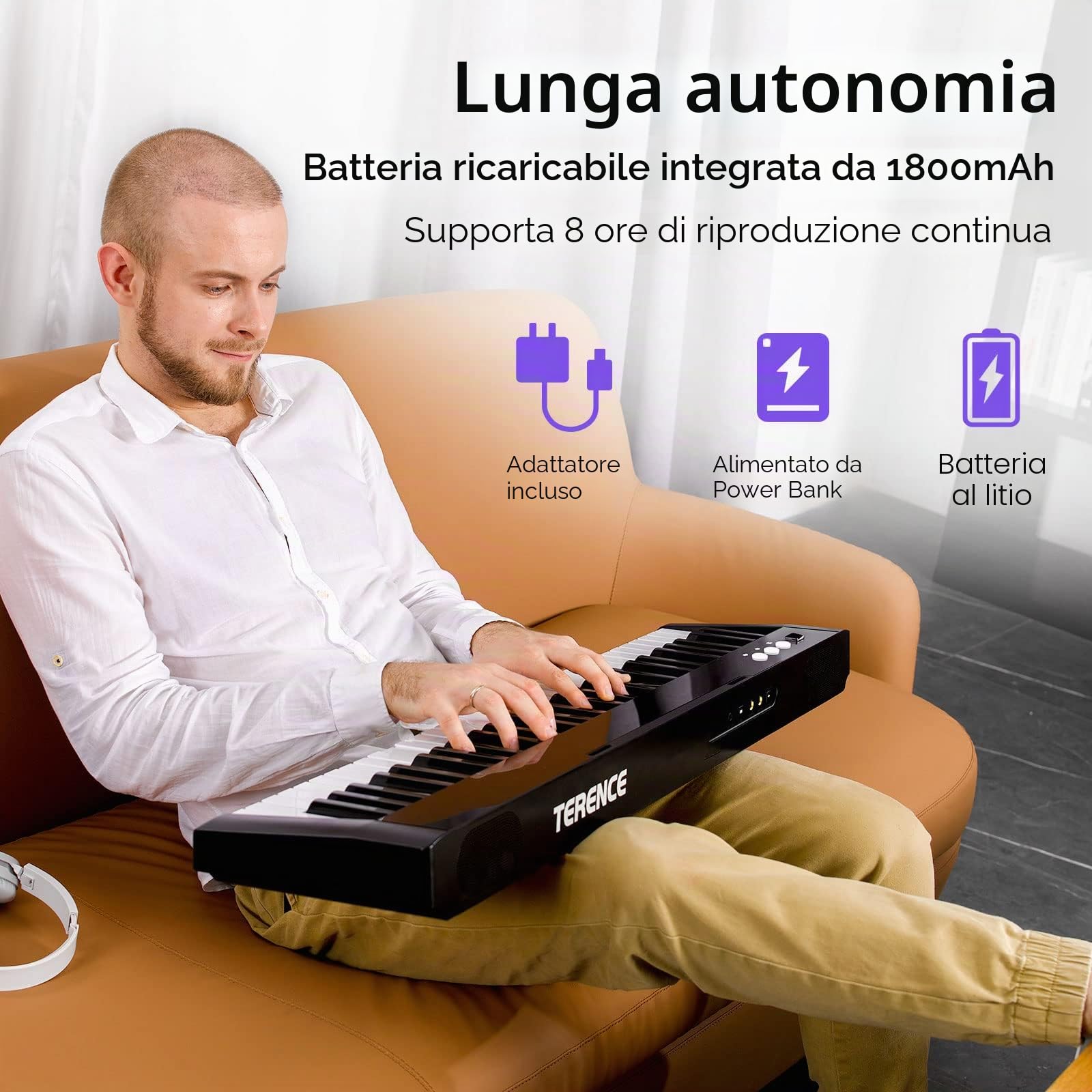 TERENCE Pianoforte Digitale Portatile 61 Tasti semi-pesati con Supporti e batteria da 1800 mAh Tastiera e interfaccia MIDI e supporto per spartiti Bluetooth Borsa adesiva Cavo audio Auricolari