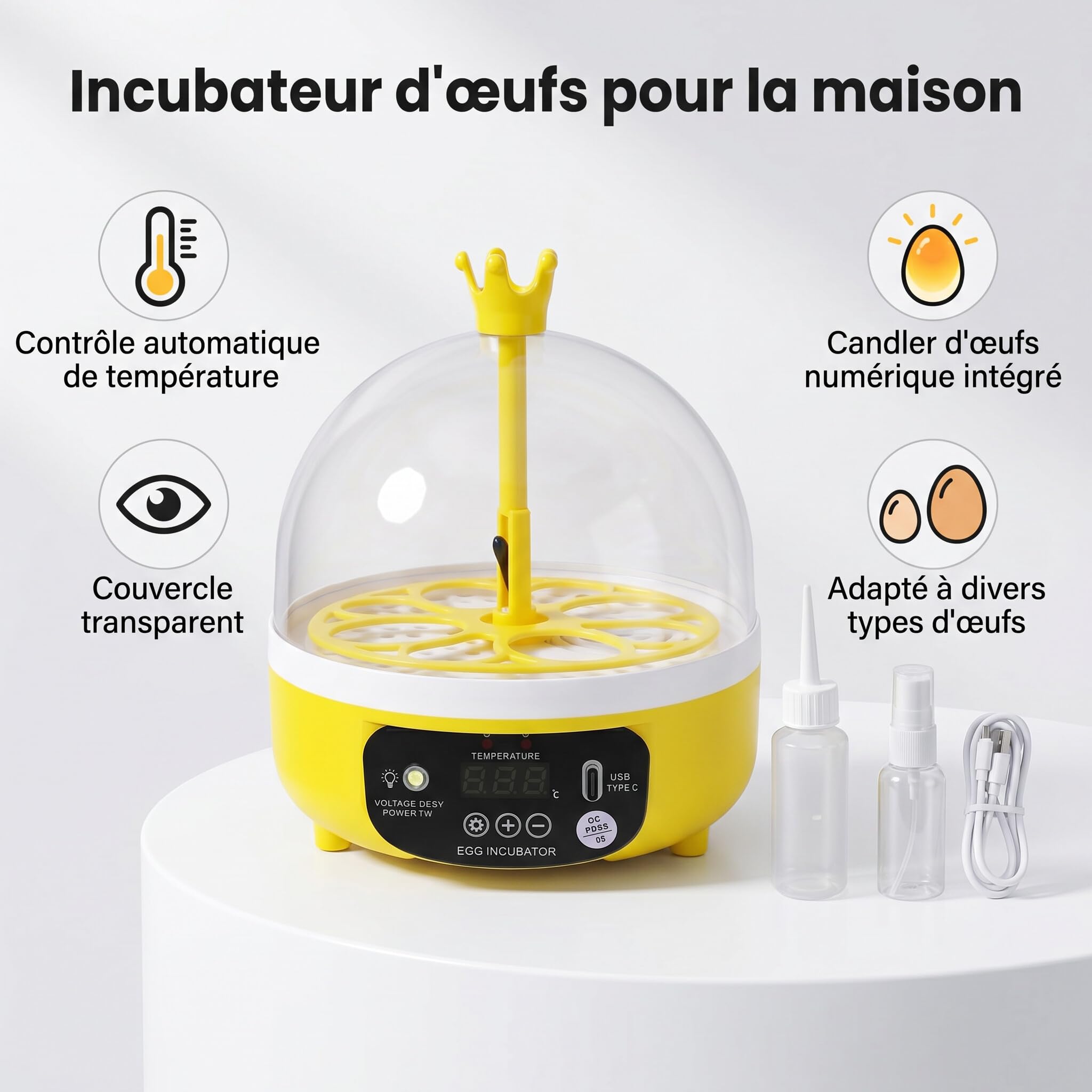 Zerodis Mini Incubatrice per Uova, Materiale ABS, Controllo Automatico della Temperatura, Macchina da Cova per Uova di Gallina e Anatra, 7 Watt, Ideale per Uso Domestico (Svolta automatica)