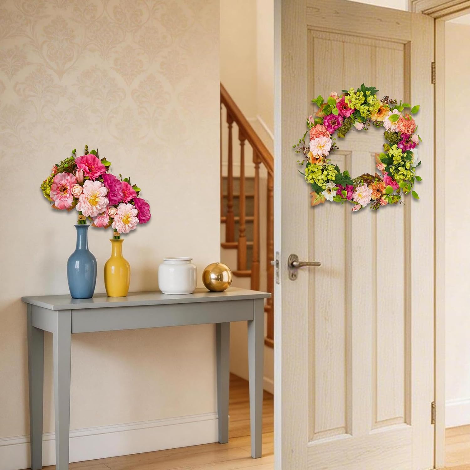 24 in Spring Wreaths for Front Door, Hydrangea and Peony Wreath with 2 Flower Bouquets, Artificial Floral Door Decor, Easter Farmhouse Wall Porch Window Spring Home Decoration