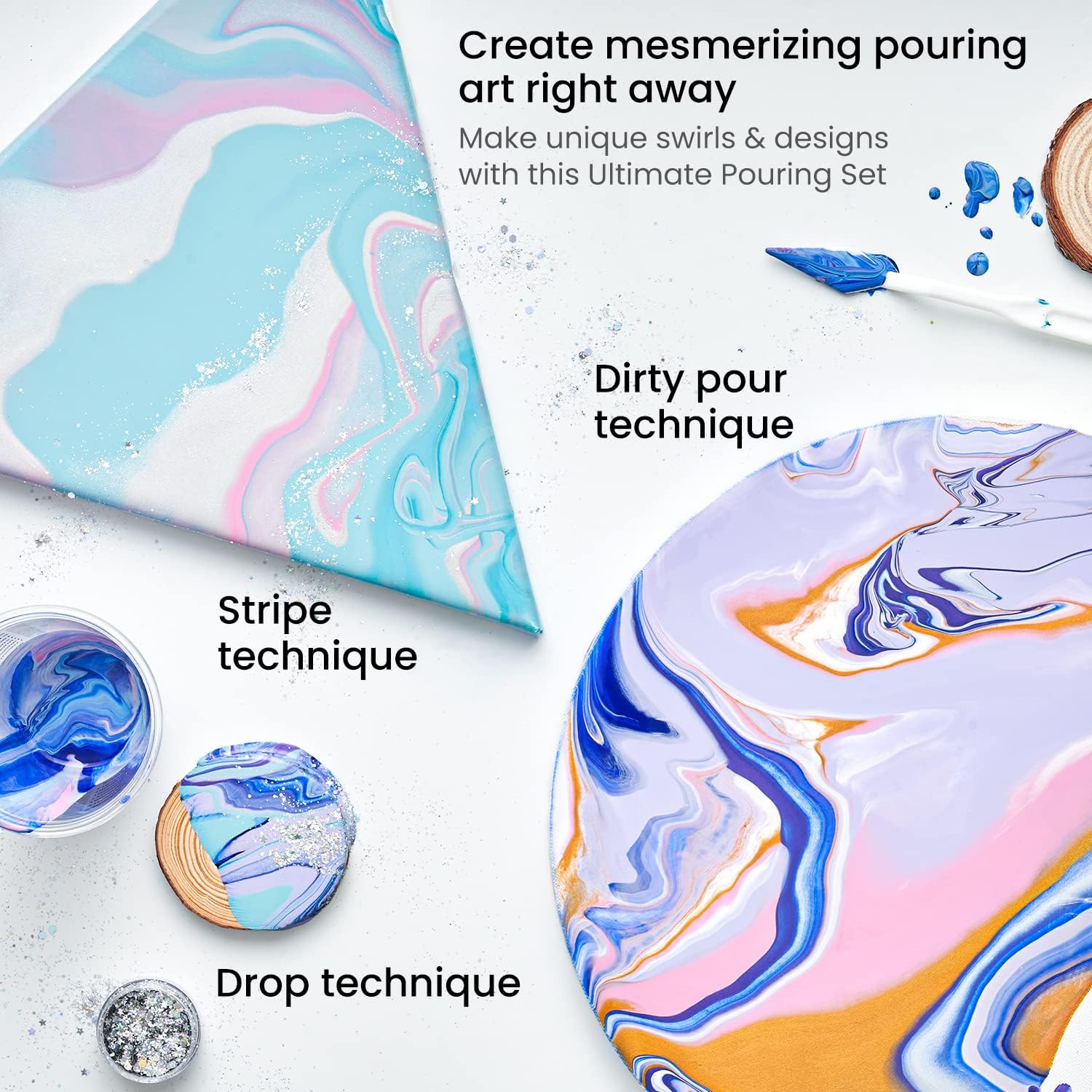 ARTEZA Acrylic Pouring Kit – 14 High-Flow Paints, 2 Stretched Canvases, 2 Wooden Slices, Glitter, Palette Knives & Craft Tools for Acrylic Pouring Projects