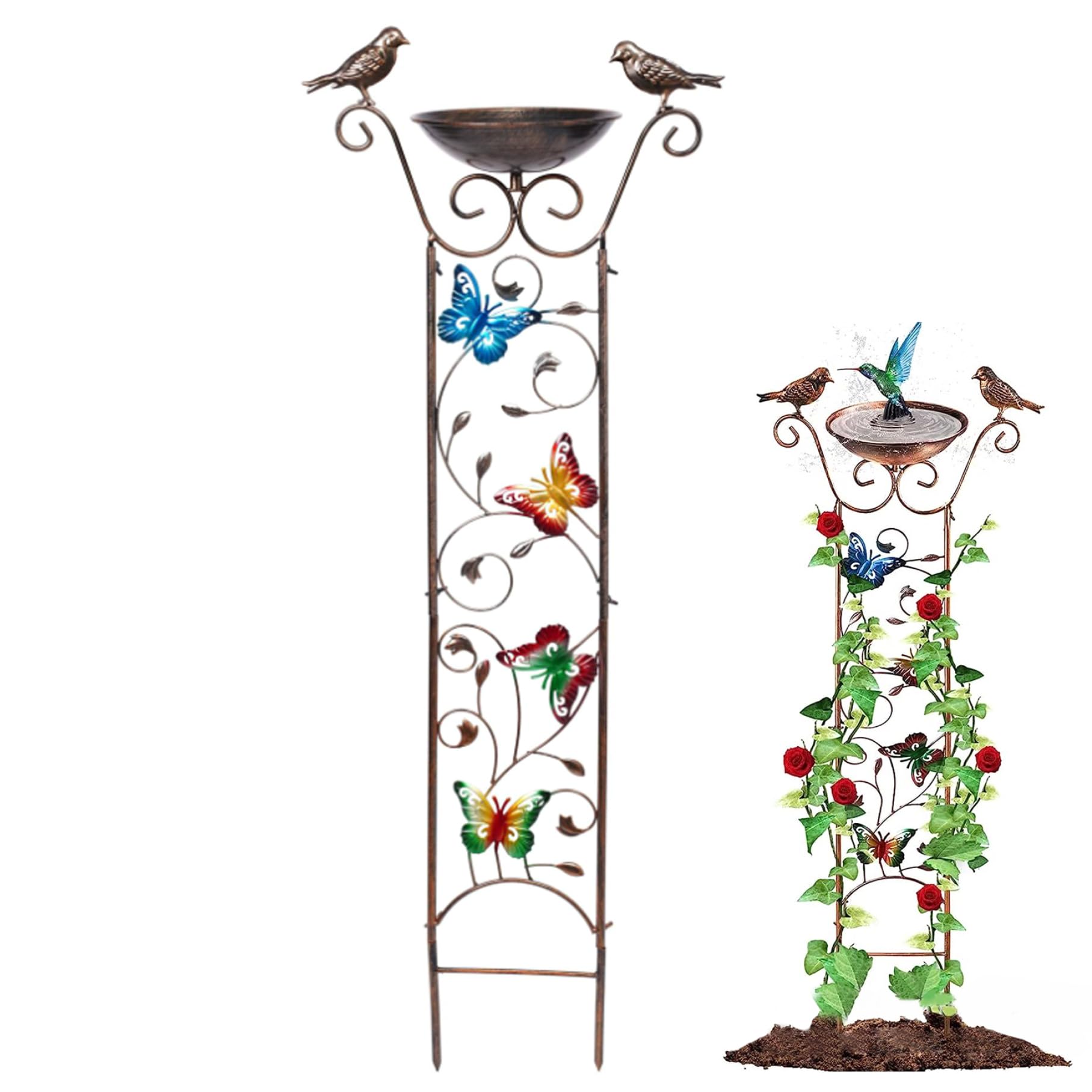 Baignoire d'oiseaux avec treillis de jardin, treillis de jardin en métal de 1 m / 40 pouces avec plateau de bains d'oiseau de 7,3 pouces, mangeoire à eau d'oiseau détachable, treillis pour les plante