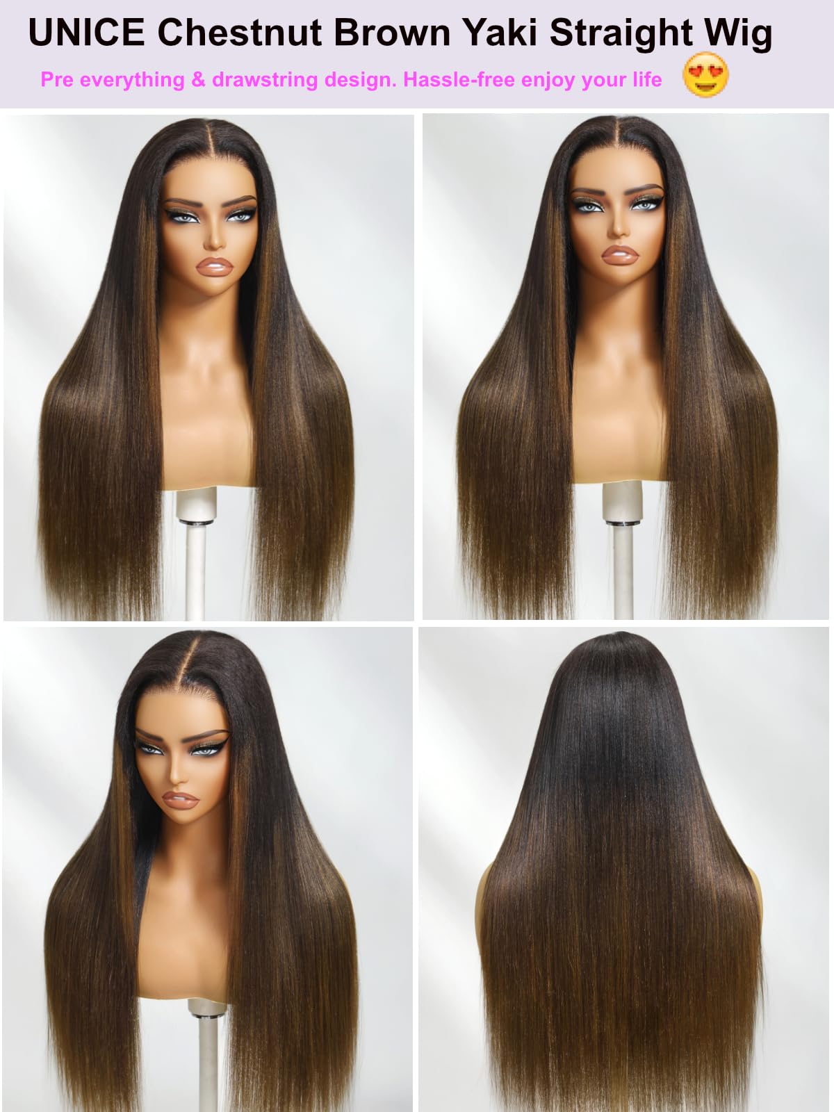 Human Hair Lace Front Wig 7x5 HD Yaki Straight Drawstring Glueless 150% Density Amazon.com : UNICE Chestnut Brown Ombre Yaki Straight 7x5  main image 3