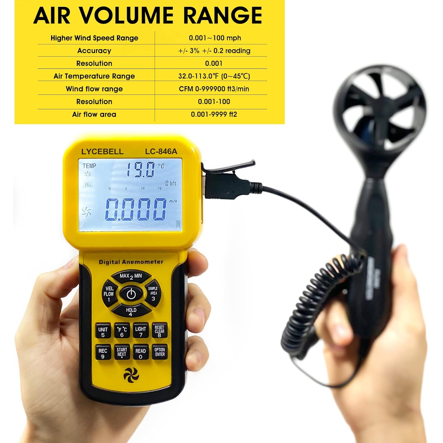 LYCEBELL LC-846A Anemometer displaying air volume range specifications on screen.