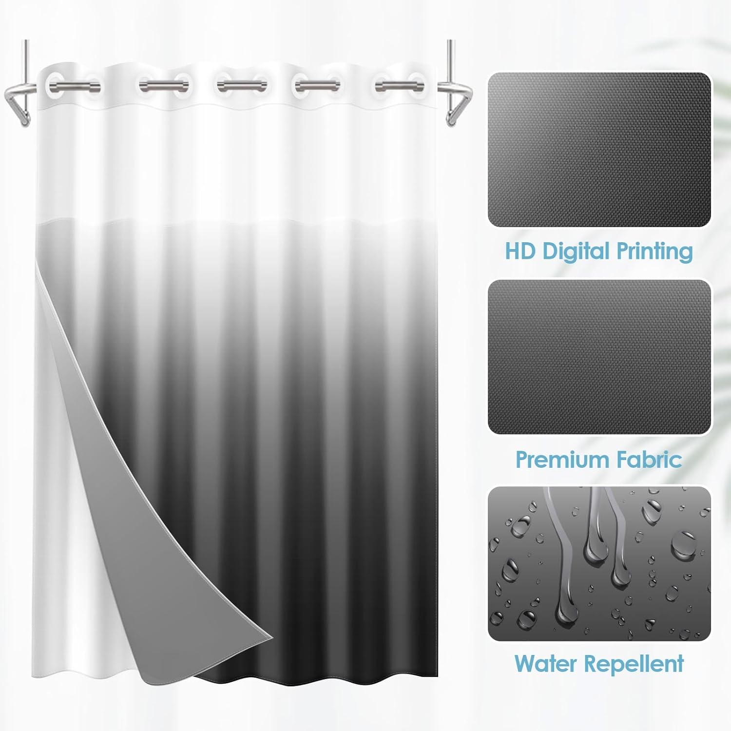 No Hook Ombre Black and Grey Shower Curtain with Snap in Fabric Liner Set, Modern Design Double Layers Waterproof Fabric with See Through Top Window Open Grommet Bath Curtain 71x74 Inch