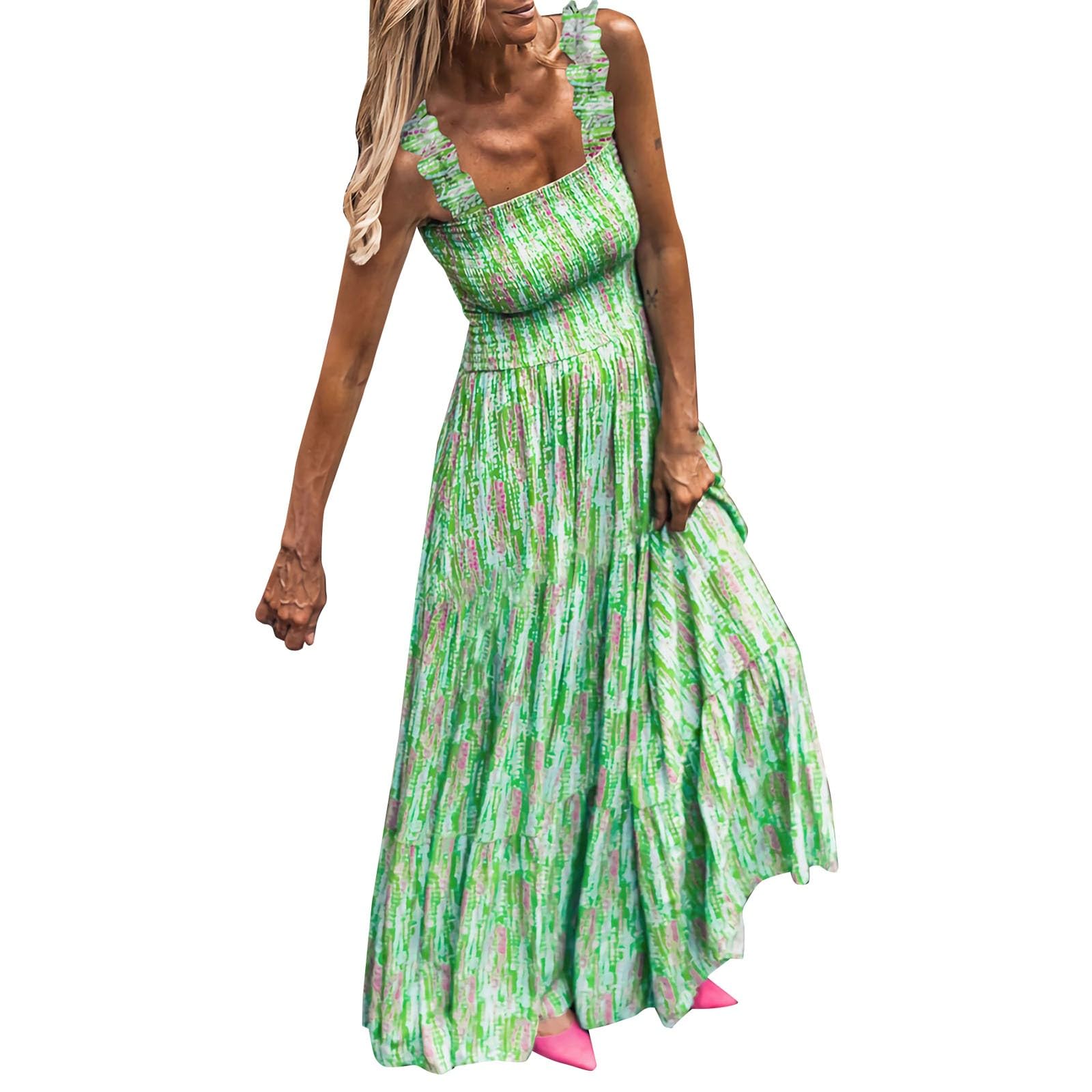 Generic Vestidos Mujer Casual Midi Vintage Camisa de Vestir Baratos con Volantes Cuello V Mini Vestido Vestido Verano Dobladillo Bordado Vendimia Mujeres