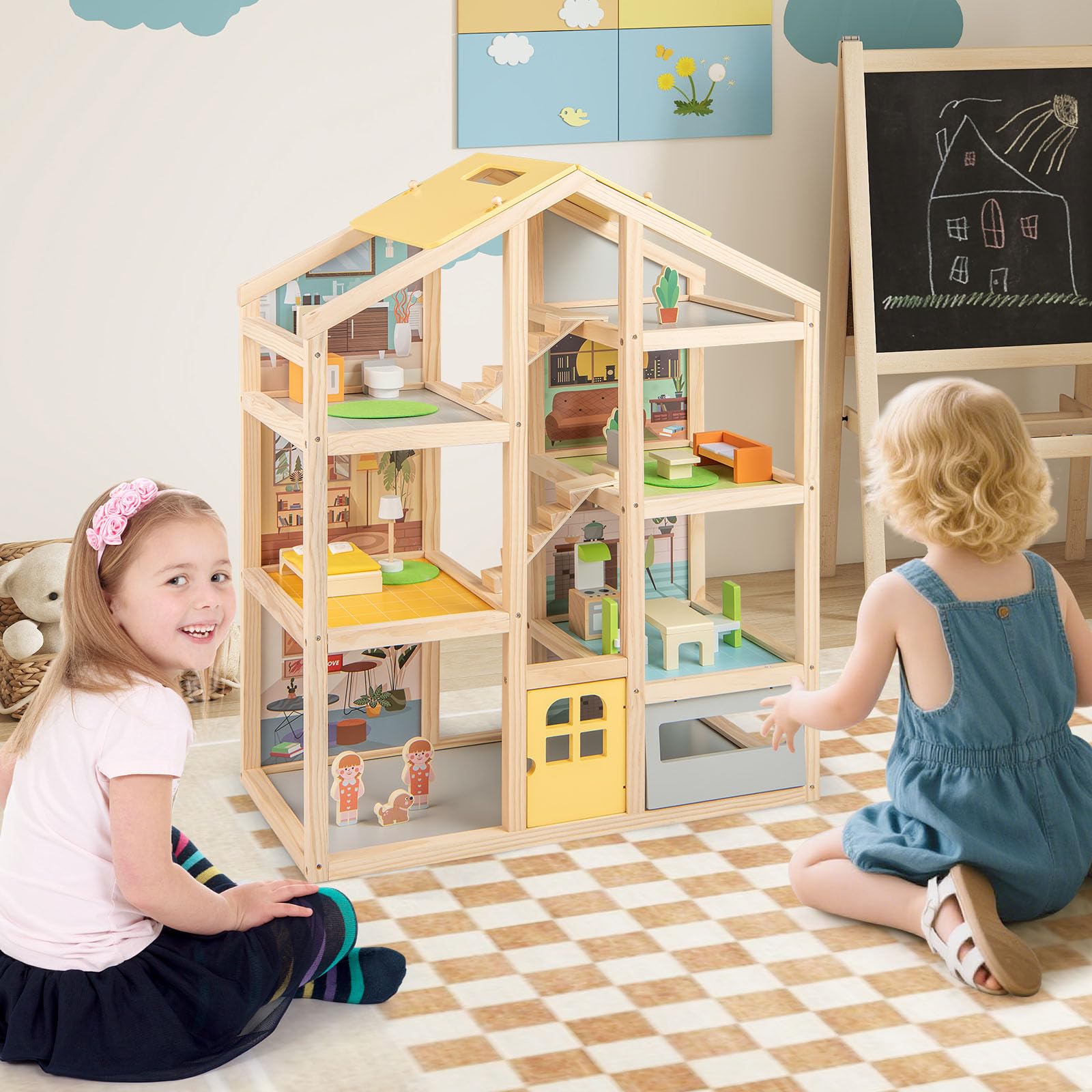 DREAMADE Puppenhaus aus Holz, Traumhaus mit 2 Figuren & 18 Möbelzubehörteilen, Dollhouse mit robuster Struktur & 7 Zimmern, Puppenvilla für Jungen & Mädchen ab 3 Jahren