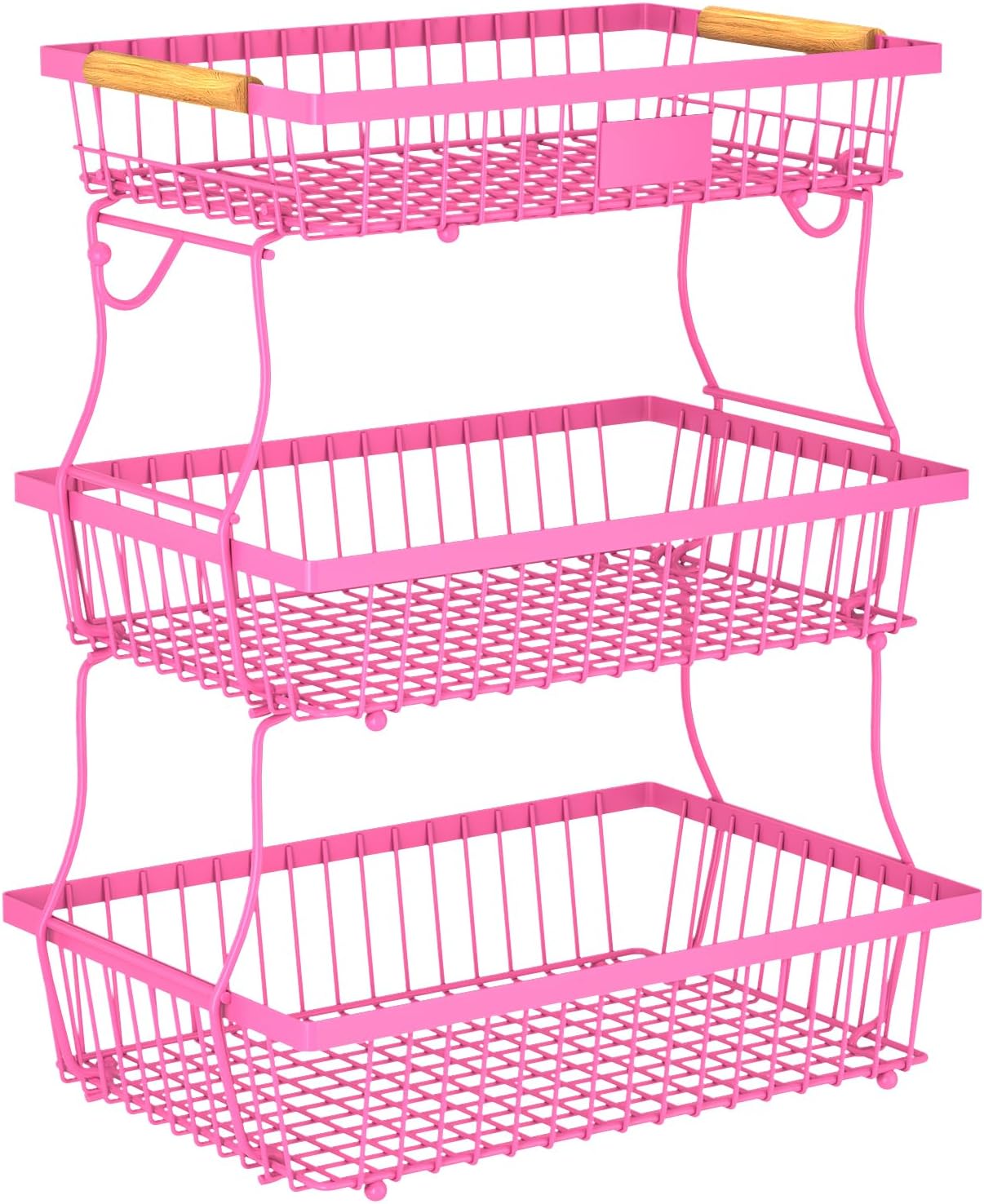 2 Tier Fruit Basket for Kitchen Counter with 2 Banana Hangers, Countertop Metal Bread Basket with Wooden Handle, Large Storage Stand for Vegetables, Snacks, Eggs, Produce Storage – Brown