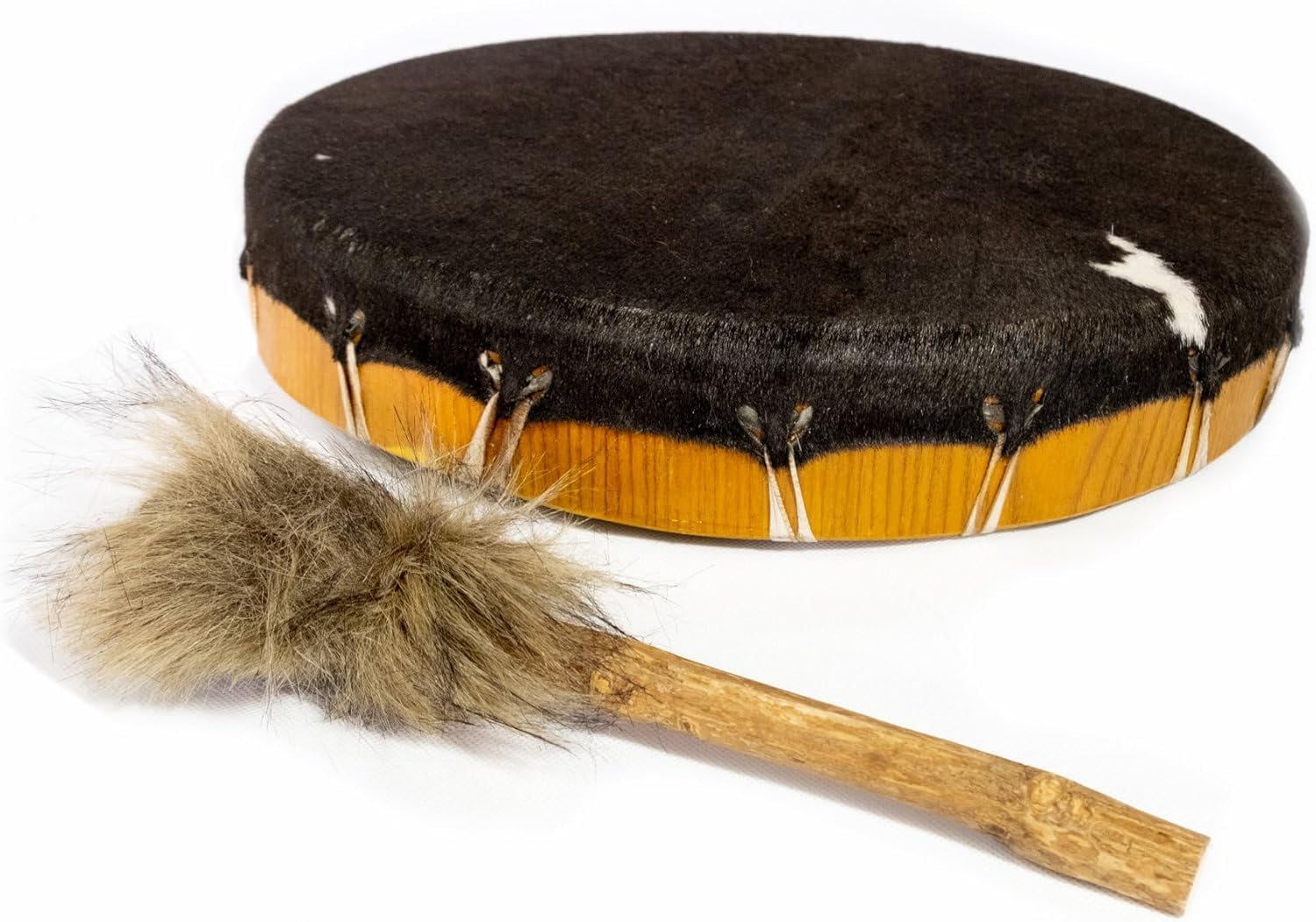Round Shaman Drum, Shaman Drum - Natural Hairy Goatskin with Plush Beater (35cm), Brown, 14in (35cm) diameter