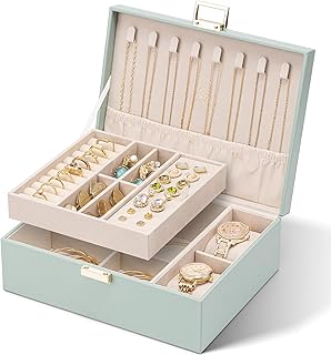 Vlando 2 Layer Jewelry Box Large Jewelry Organizer for Women Removable Jewelery Tray with Watch Pillow for Necklace Earrings Rings Bracelets Jewelry Boxes for Birthday Wedding Gifts (Green)