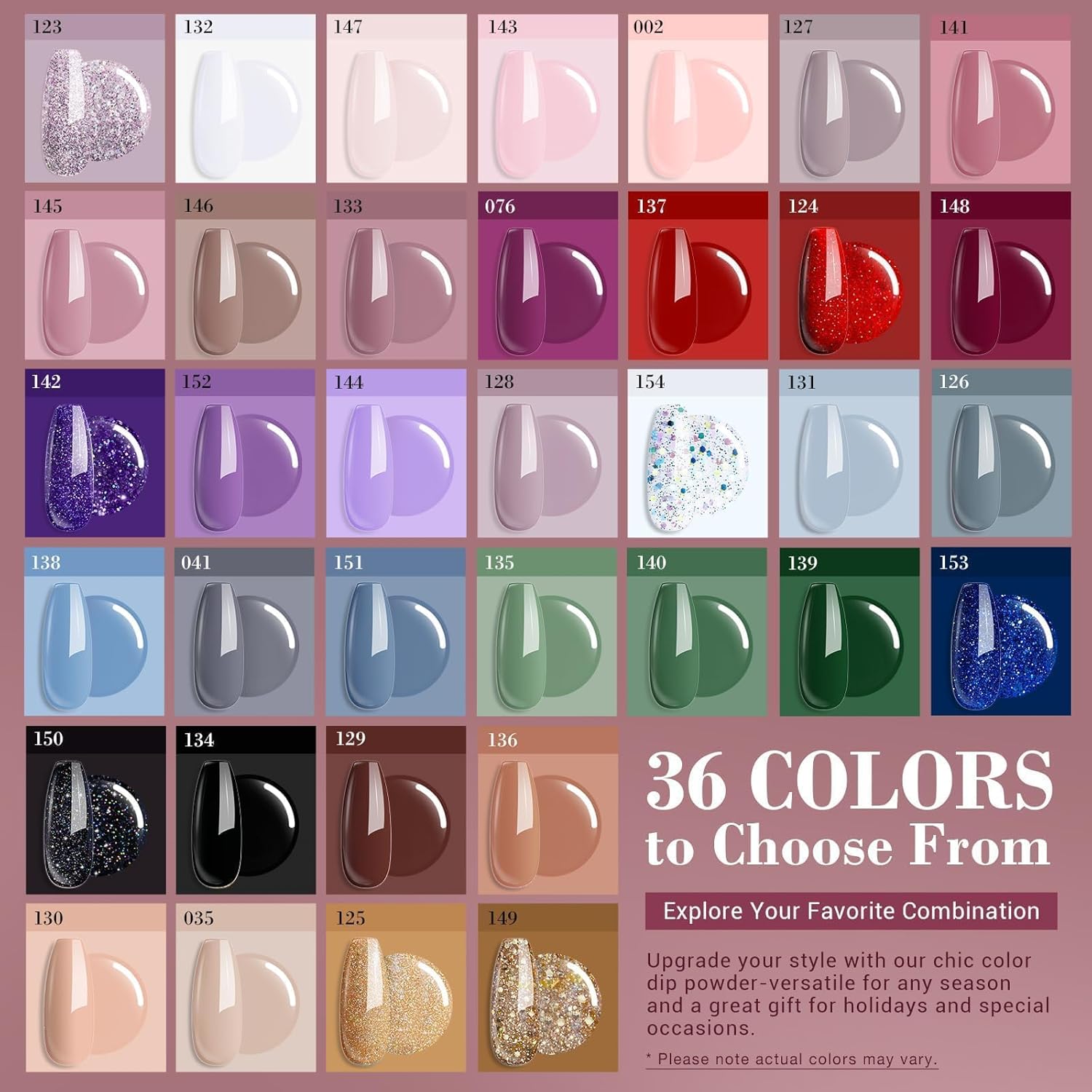 AZUREBEAUTY 170Pcs Dip Powder Nail Kit, 36 Colors Fall Winter Red Glitter Brown Christmas Dipping Powder Starter with Top/Base Coat Activator & Removal Accessories Set for French Manicure Salon