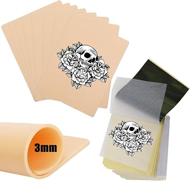3mm Practice Skin With Transfer Paper, 18 Pcs Kit Including 8 Double Sided Fake Skin and 10 Stencil Paper for Tattoo Supplies