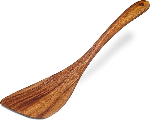 Espátula de madera de madera de acacia, espátula plana de mango largo, hecha a mano para utensilios de cocina (espátula para freír)