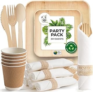 Palm Leaf Bamboo Plates & Pre-Rolled Bamboo Cutlery Party Set - 10 & 7''...