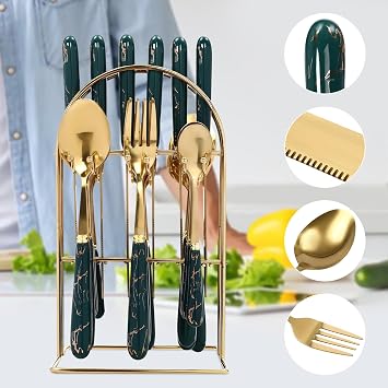 24 Piece Flatware Set with Stand for 6 People Stainless Steel Cutlery Set with Silverware Holder, Spoons, Forks, and Knives Hanging Flatware Set Reusable Easy Clean