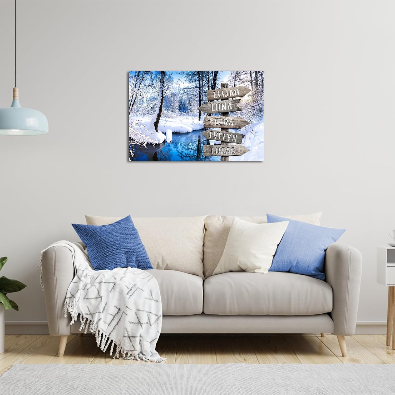 iLOOKLiKE Winter Forest Personalized Street Sign with Family Name Wall Art Custom Multi Names Canvas Prints Snowy Tree with Lake Nature Landscape Pictures Painting Gifts for Home Decor Anniversary