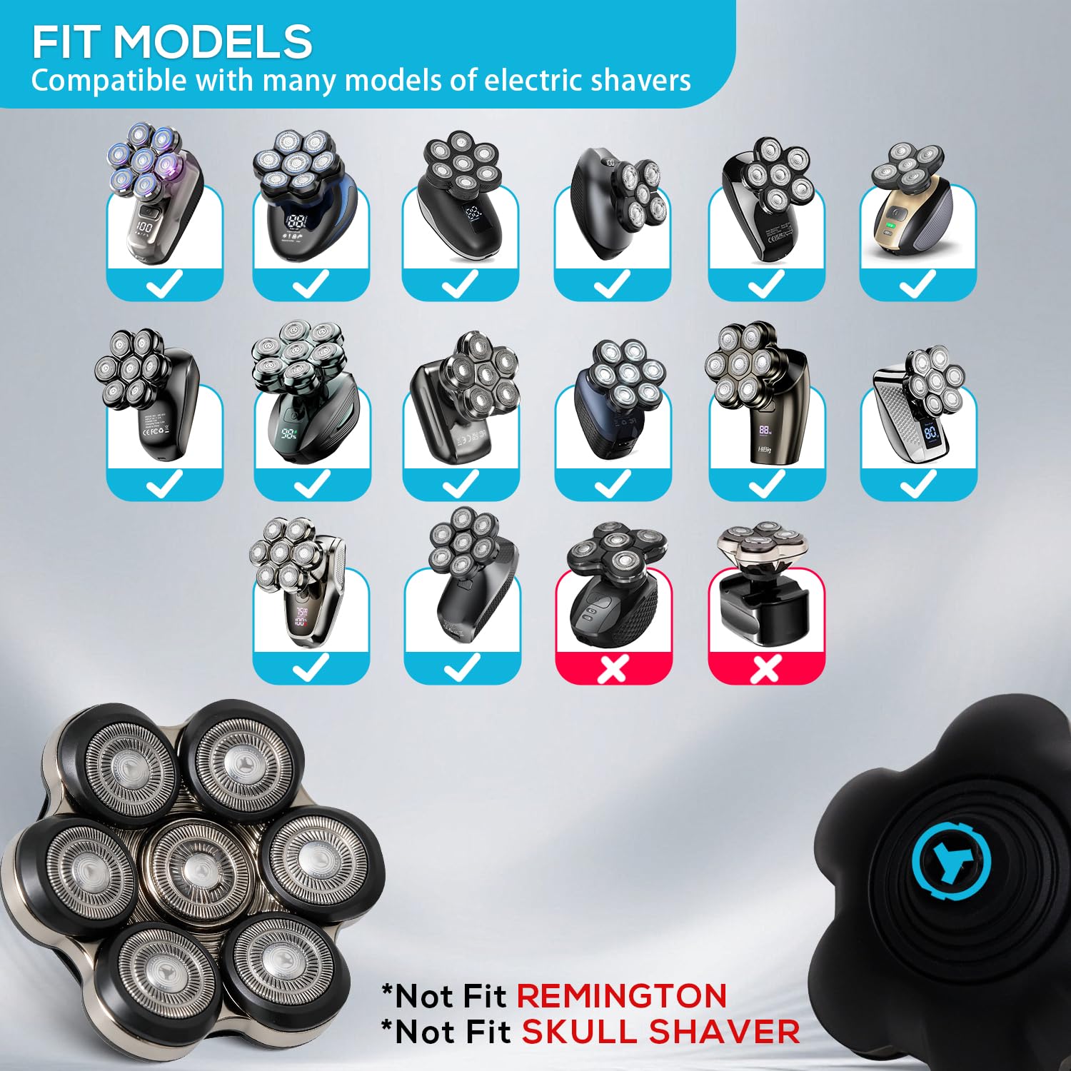 Magnetic Head Shaver Replacement Heads, 7 Double Ring Waterproof Rotary Razor Blades for Bald Men Compatible with Freebird wyklaus shpavve(Silver) (black7D) - Image 2