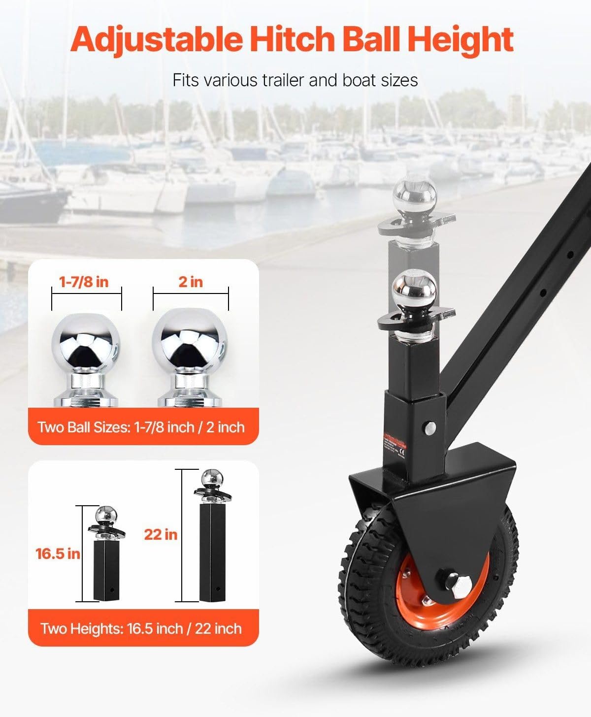 300lbs Adjustable Trailer Dolly, 1-7/8" & 2" Ball & Adjustable Height,8.5" Pneumatic Tire for All Terrains,Folding Carbon Steel Design,Portable Mover for Trailers & Boats