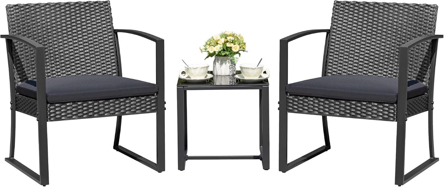 Devoko Resin Patio Furniture Set 3 Piece All Weather Outdoor Rocking Chairs with Cushions and Coffee Table for Bistro Balcony Porch (Gray)