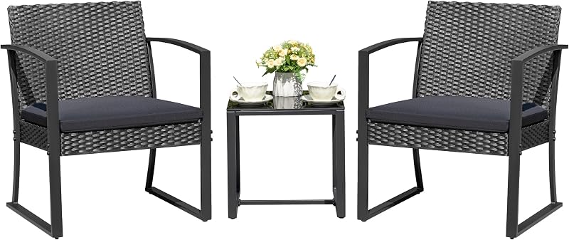 Juego de muebles de resina para patio, 3 piezas, sillas de bistró para exteriores para todo tipo de clima, con cojines y mesa de centro para jardín exterior, balcón, porche (negro)