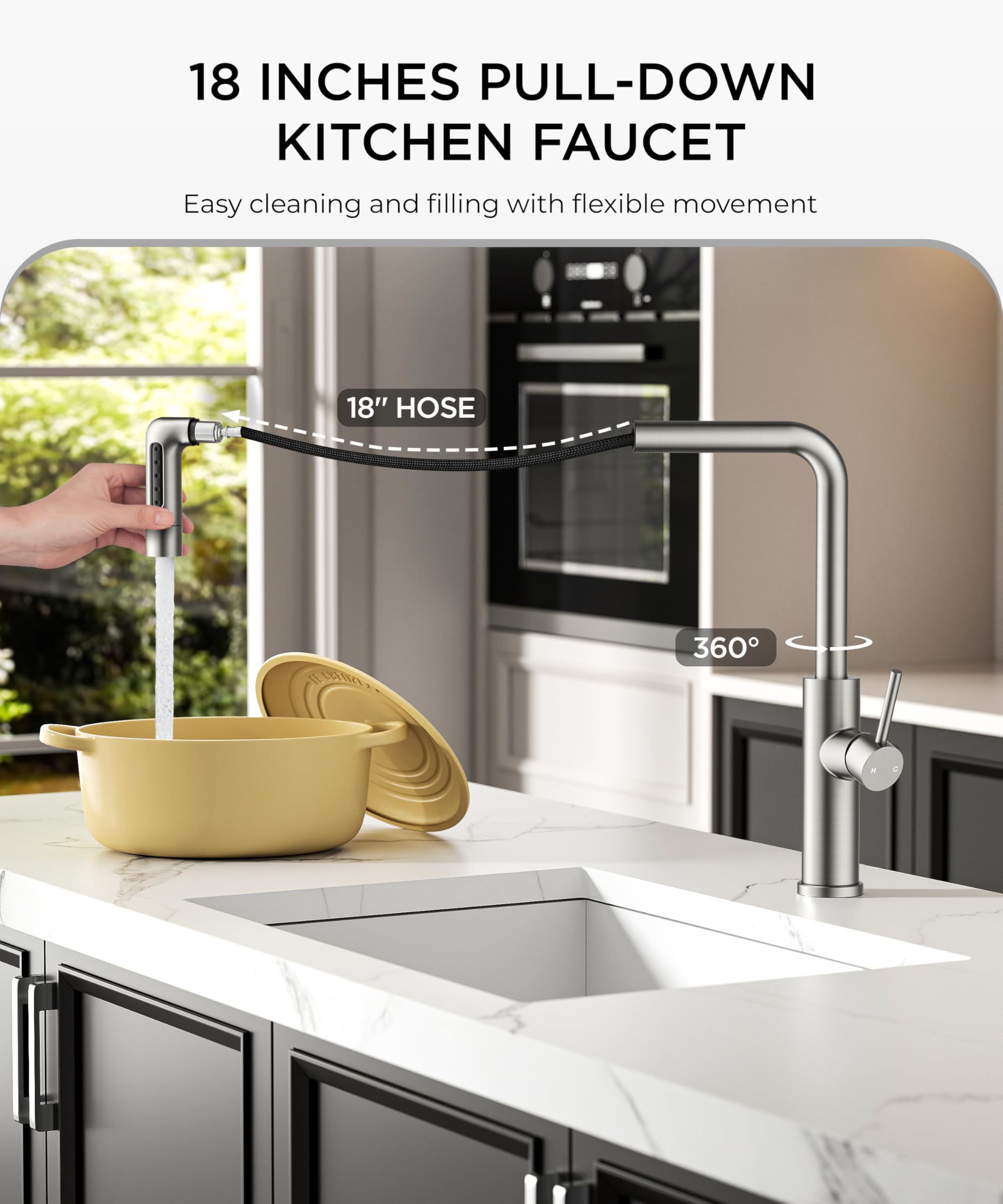 Grifo de Cocina con rociador desplegable + 5 Modos de caño, Grifo de Cocina en Cascada, níquel Cepillado