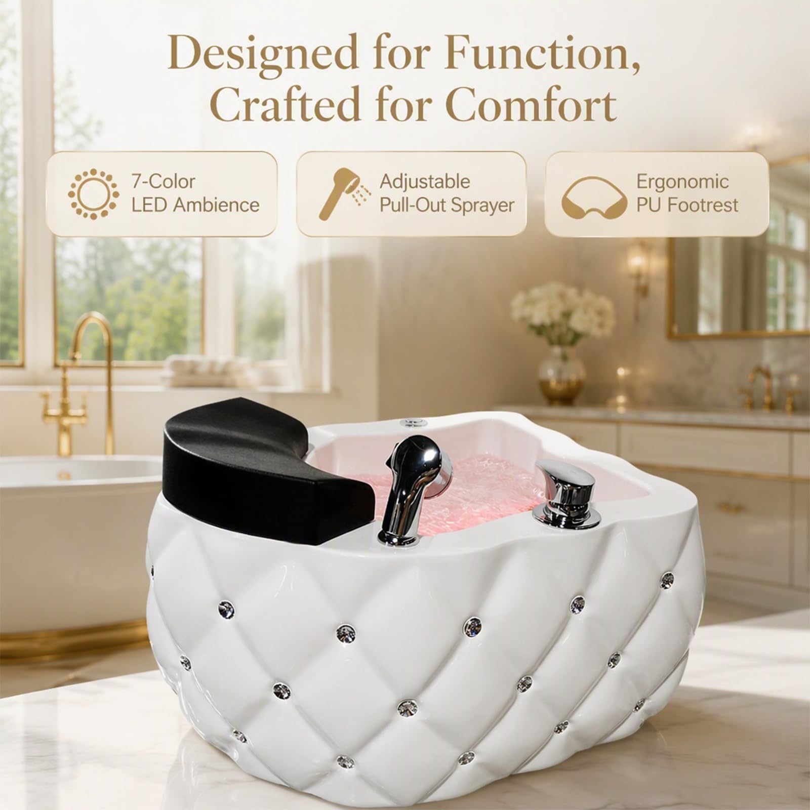 Pediluvio Spa for Pedicure, Design Senza Tubi con Luce LED Colorata | Aspetto In Rilievo Con Diamante Acrilico, Design Del Funzionamento Pulsante Touch Control(White)