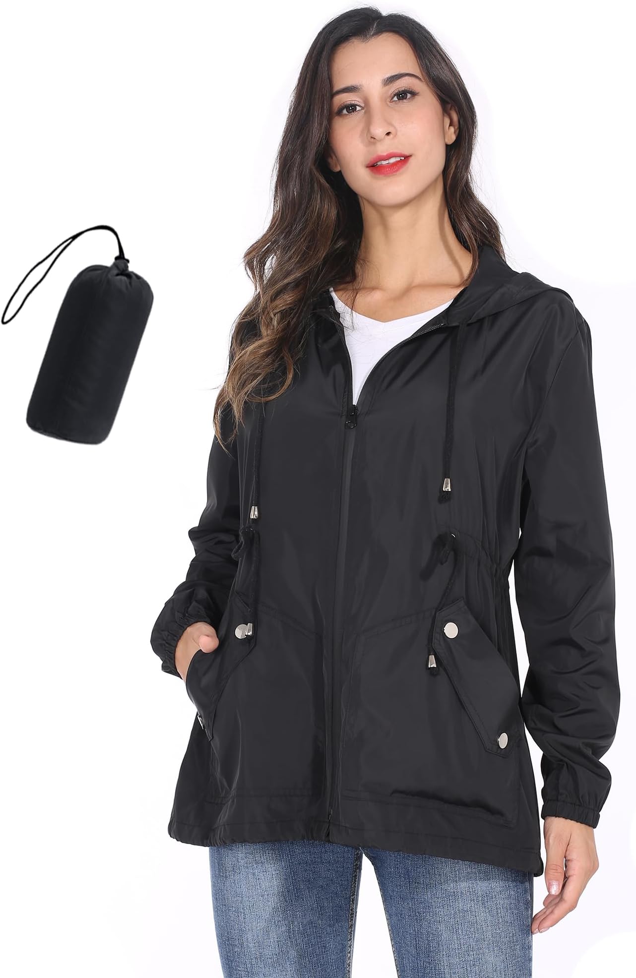Women Packable Rain Jacket Waterproof Lightweight Raincoat Hooded for Hiking Outdoor Travel