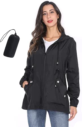 Women's Packable Rain Jacket, Lightweight Hooded Raincoat
