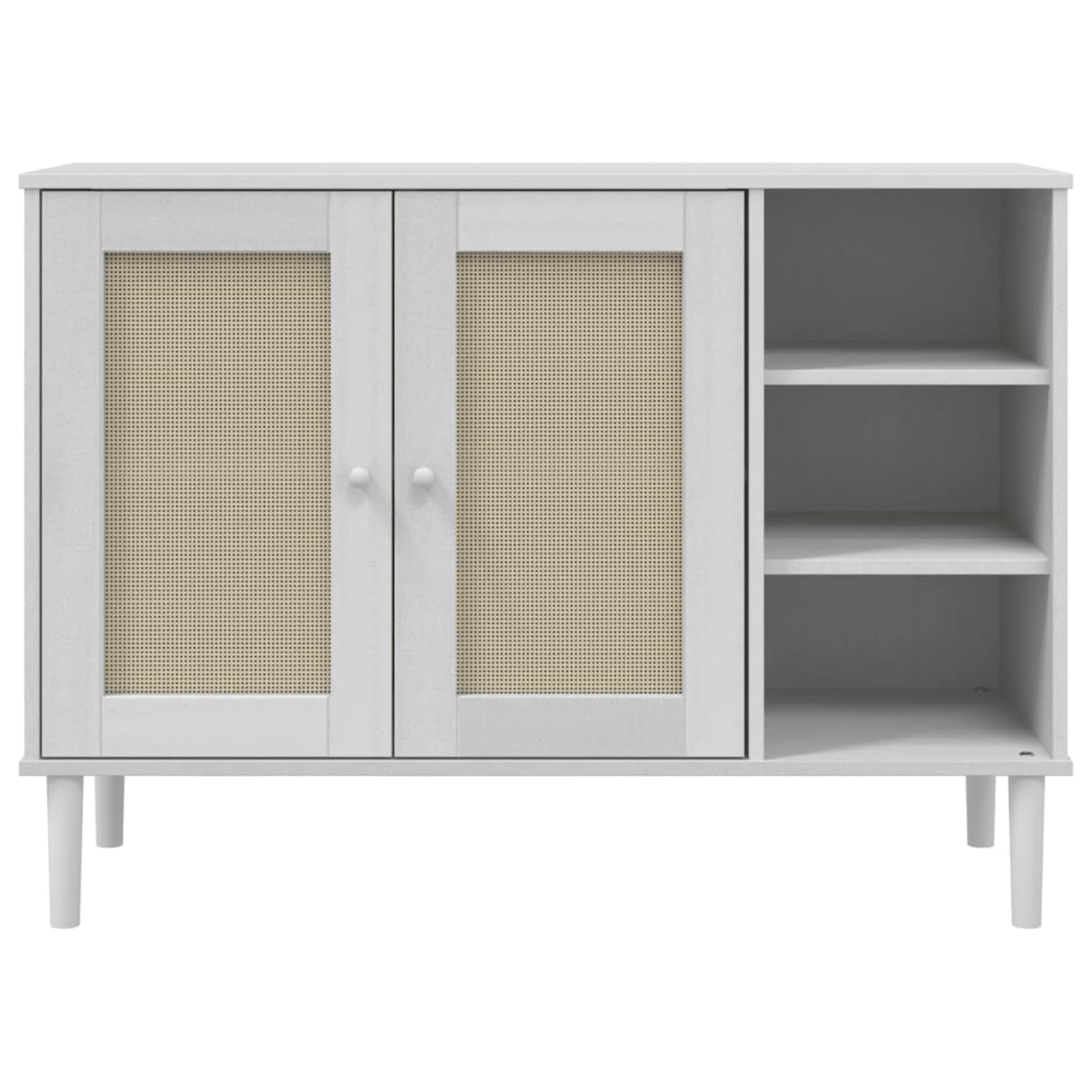 Credenza SENJA, effetto rattan, bianco, 112 x 40 x 80 cm, in legno di pino massiccio con verniciatura UV, 5 scomparti e 2 ante, per soggiorno, corridoio e sala da pranzo