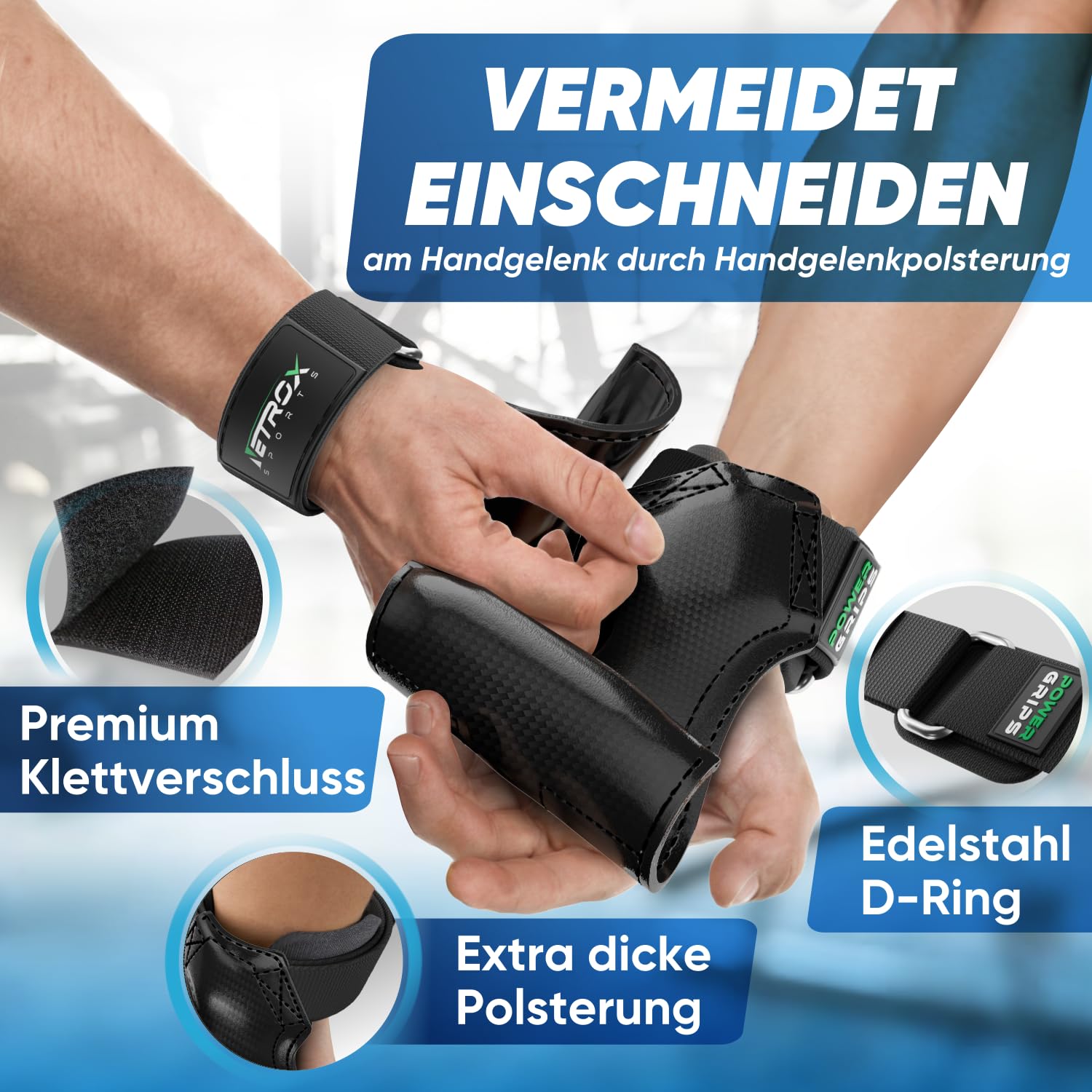NetroxSports - Power Grips Fast Zughilfen für Krafttraining – Fitness Lifting Straps für Kreuzheben, Bodybuilding mit Handgelenkschutz - Grip Zughilfe, Zughilfen Gym, Griffhilfen Männer & Frauen