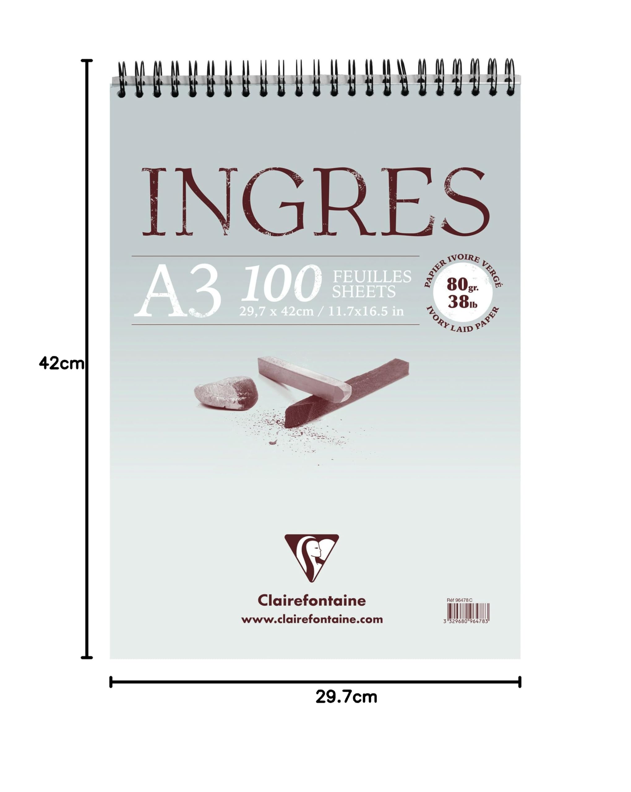 Clairefontaine 96478C Zeichenblock Ingres (mit Doppelspirale, gekörnt, DIN A3, 29,7 x 42 cm, 100 Bögen, 80 g, ideal für Trockentechniken) weiß