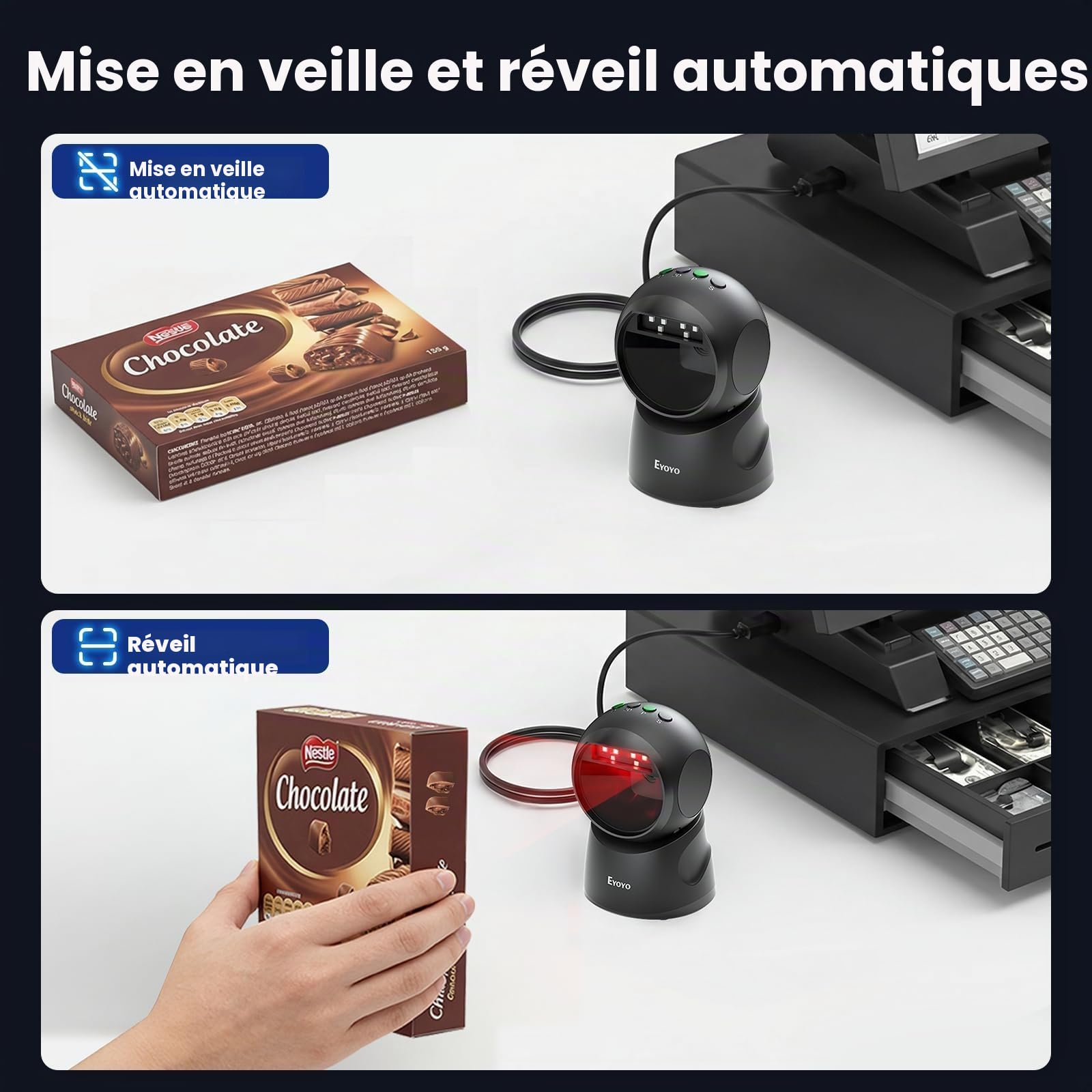 Eyoyo Lecteur Codes Barres 1D 2D, USB Câblé Plateforme Barcode Scanner | Écran de numérisation, Plug and Play, Balayage Automatique, pour Supermarchés, entrepôts et librairies